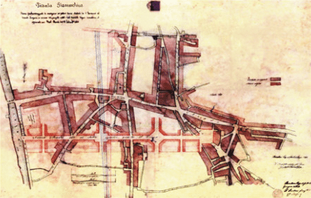 Planimetria del piano particolareggiato del primo tratta della nuova strada di San Giovanni al Torrente Longano (1868)